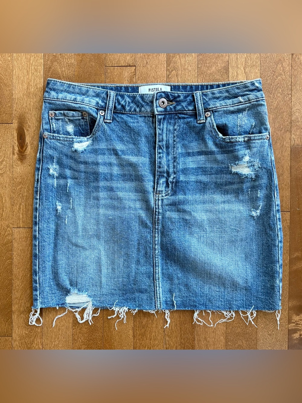 Pistola Distressed Raw Hem Denim Mini Skirt Medium Wash – Size 29